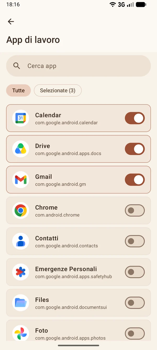 Schermata App di lavoro: Calendar, Drive e Gmail attivi, le altre app spente.