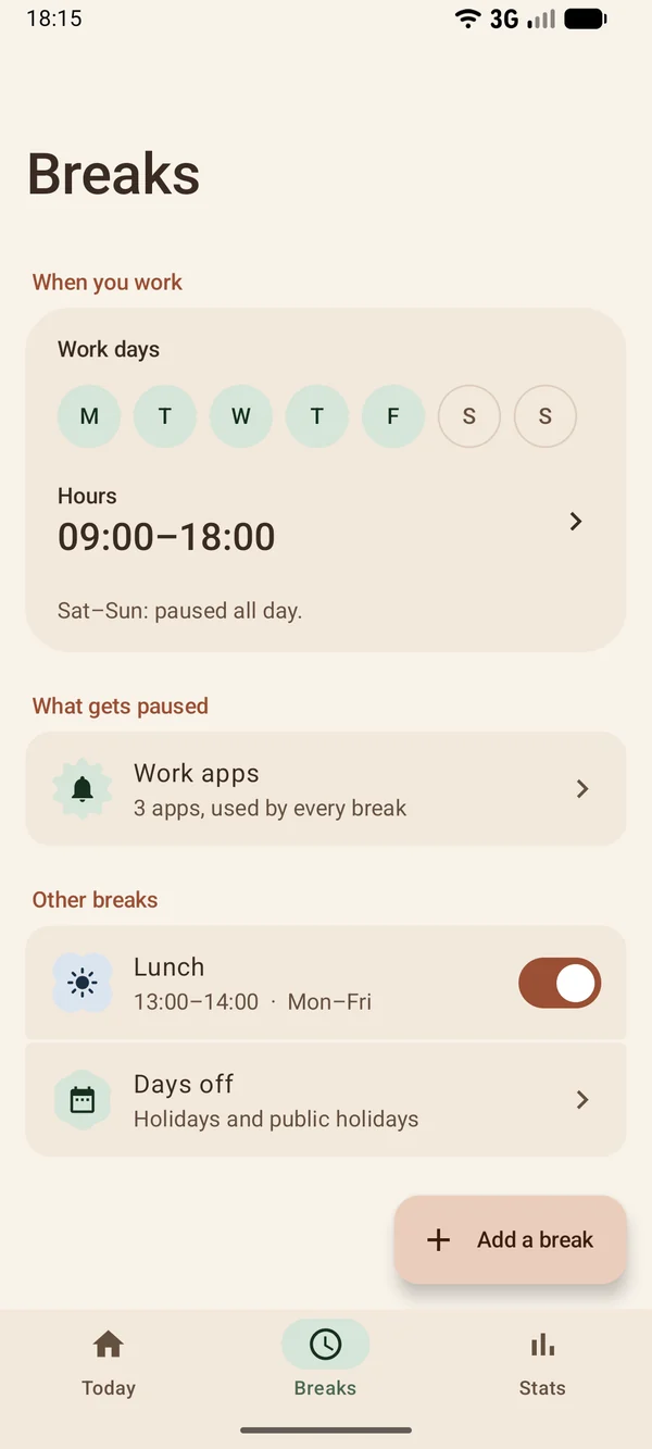 Breaks tab: work Monday to Friday from 09:00 to 18:00, lunch break from 13:00 to 14:00, days off.
