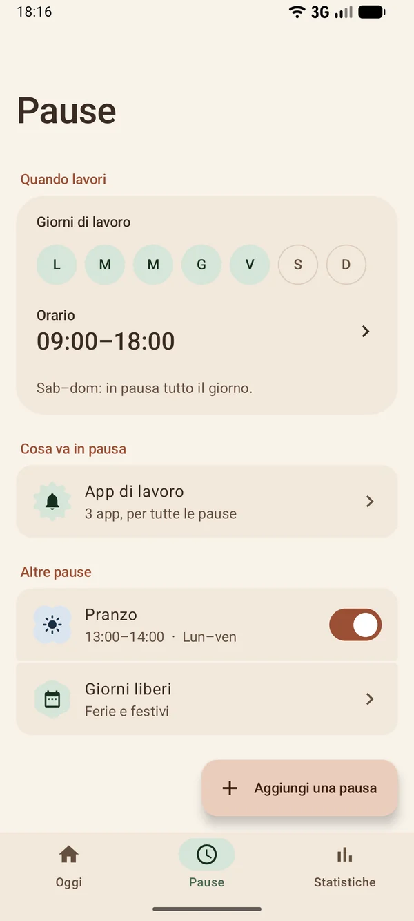 Scheda Pause: lavori dal lunedì al venerdì dalle 09:00 alle 18:00, pausa pranzo dalle 13:00 alle 14:00, giorni liberi.