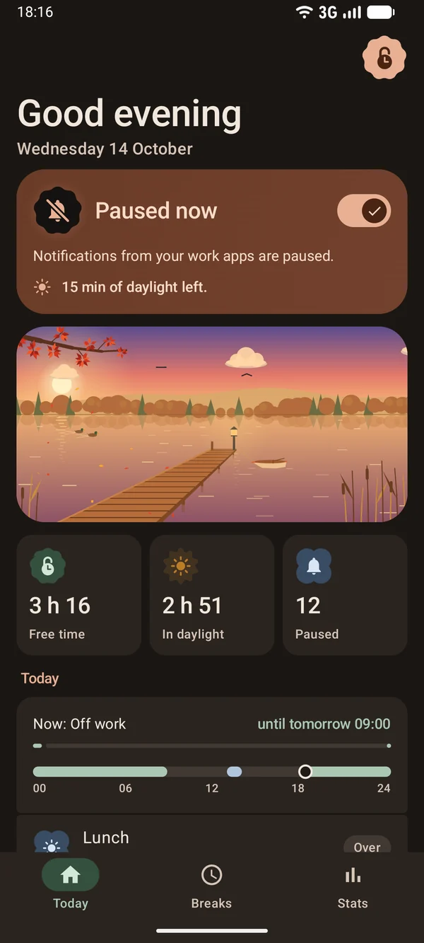 Unclock in dark theme: Paused now, 3 hours 17 minutes of free time today.