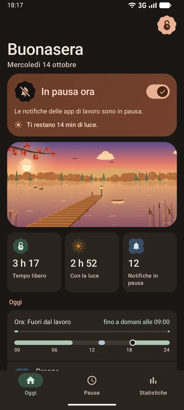 Unclock in tema scuro: In pausa ora, 3 ore e 17 minuti di tempo libero oggi.