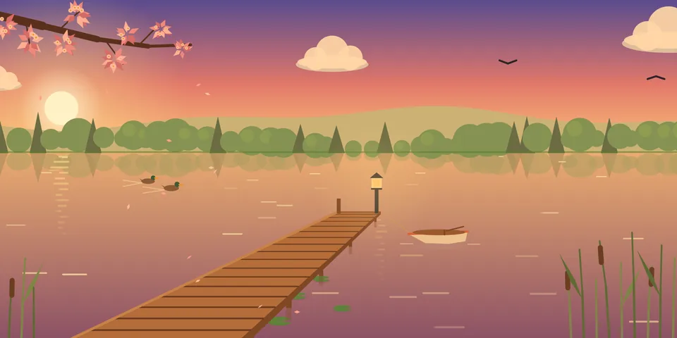 Unclock's scene: a wooden pier on a lake, with a boat and reeds.