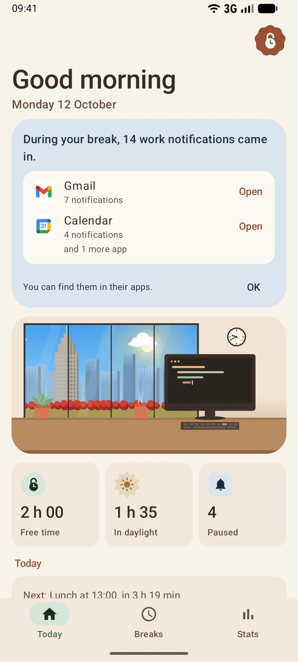 Card: during your break 14 work notifications came in, 7 from Gmail and 4 from Calendar, each with an Open button.