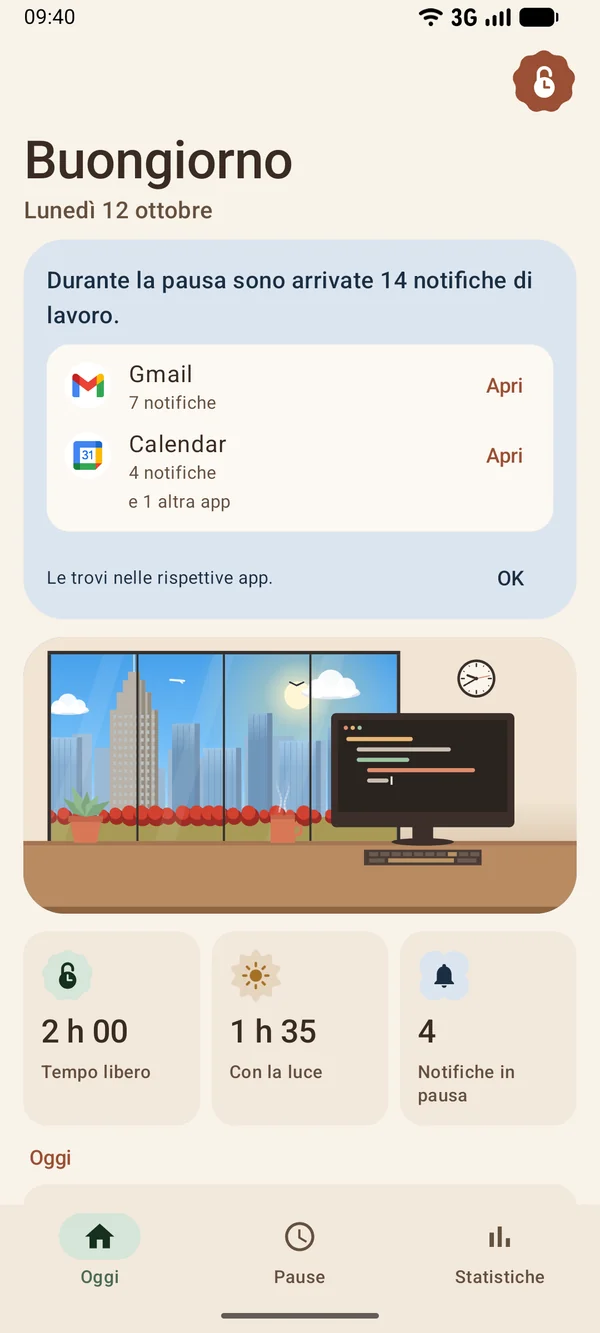 Riquadro: durante la pausa sono arrivate 14 notifiche di lavoro, 7 da Gmail e 4 da Calendar, ciascuna con il pulsante Apri.